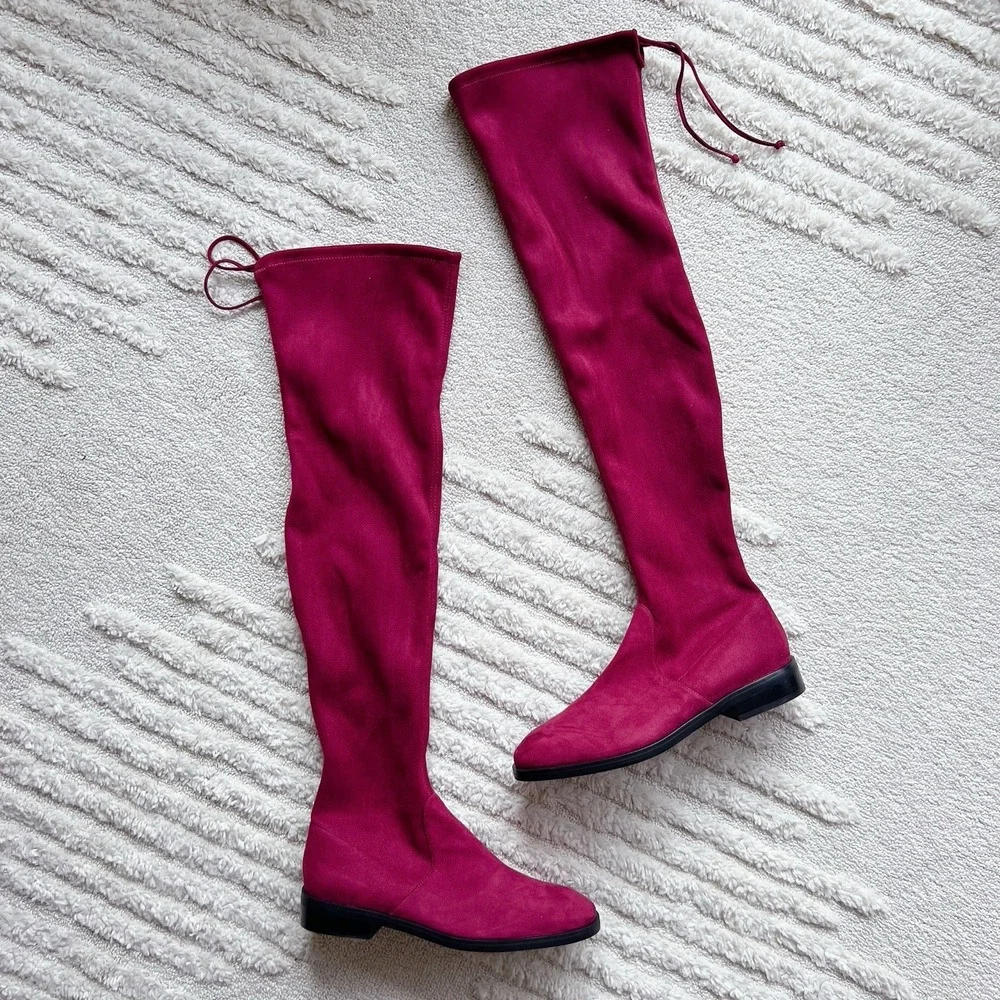 $798 Stuart Weitzman Jocey Over the Knee OTK Boots Cranberry Red Suede US 9.5